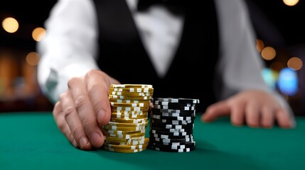 Close-up view of a person's hands placing a stack of casino poker chips on a green felt table in a gaming environment.