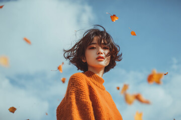 女性と秋の紅葉、青空