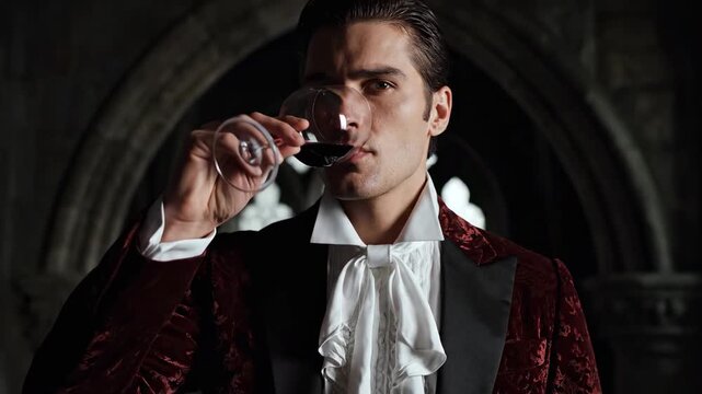 A dapper man in a ruffled shirt and patterned jacket drinking a red wine from a glass