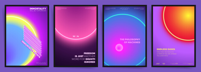 Neon Design. Space orbit gradient neon poster templates with glowing ring eclipse backgrounds and bold headlines for music event flyers covers and banners. Vector decorative illustration.