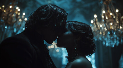 Dark romance between a vampire couple in a grand, shadowy ballroom during Halloween night