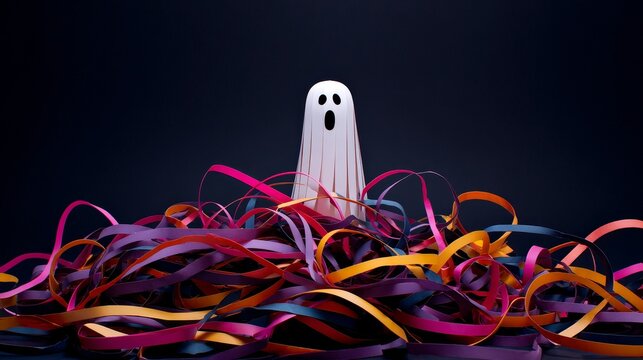 Hand-painted paper ghost with startled expression above colorful metallic streamers on black background. Halloween theme with spooky yet playful vibe for seasonal content and party designs