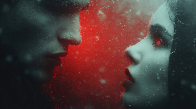 Vampires face each other in an eerie red-lit scene on Halloween night - Powered by Adobe