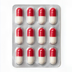 A full blister pack of red and white capsules, an essential and recognizable medical item for various treatments, healthcare, and pharmaceutical needs.
