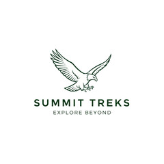 Elegant line art logo of a majestic eagle in mid-flight, paired with 
