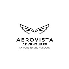 Fototapeta premium Black line art logo with abstract wings, 'AEROVISTA ADVENTURES' text, and 'EXPLORE BEYOND HORIZONS' tagline.