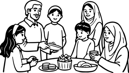 A family of six is gathered around a table eating food and drinking beverages together in black and white on transparent background silhouette