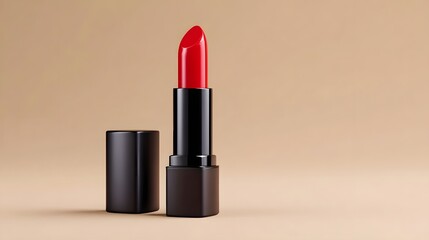 Obraz premium A bold, luxurious red lipstick in a sophisticated black container, showcasing a smooth, shiny texture and a glamorous, alluring appearance.