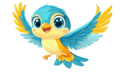 Happy blue and yellow bird flying, isolated on transparent background the cartoon bird has wings spread and a big smile, looking cheerful and energetic