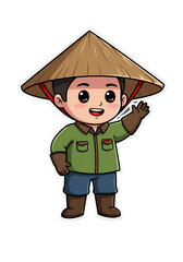 Cute Cartoon Farmer with Asian Conical Hat Waving png clear alpha channel cutout isolated on transparent background