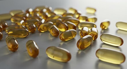 Scattered Omega 3 Capsules Sparsely Arranged on Cool Grey-White Tabletop