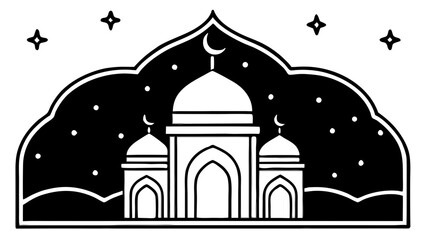 Illustration of a mosque at night with stars and a crescent moon in a decorative frame design on transparent background silhouette