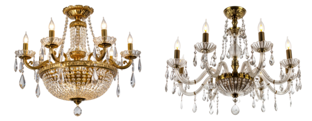 Ornate Crystal Chandeliers with Golden Frames Illuminated for Luxurious Interior Decor Isolated on Transparent Background