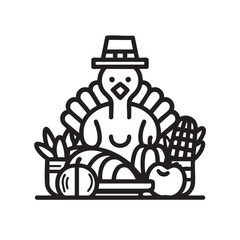 Turkey wearing a pilgrim hat with a harvest food display.