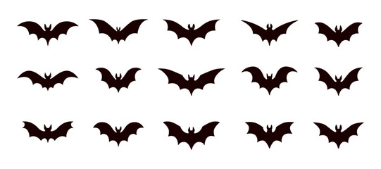 Set of bat silhouettes with different wing shapes on white background. Versatile collection for stickers, prints, party graphics, seasonal and Halloween design