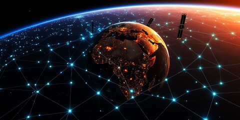 Earth globe with glowing light network connecting continents and orbiting satellites