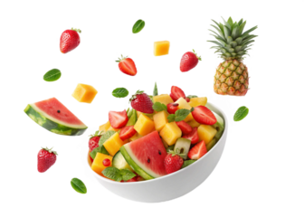 Fresh mixed fruit salad with watermelon, strawberries, pineapple, and grapes floating in mid-air, isolated on transparent background