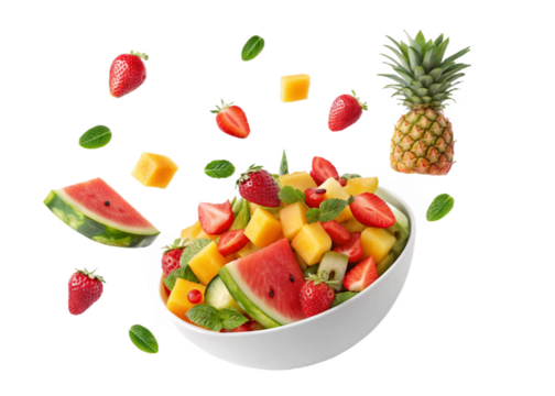 Fresh mixed fruit salad with watermelon, strawberries, pineapple, and grapes floating in mid-air, isolated on transparent background - Powered by Adobe