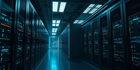 Rows of illuminated server racks with blinking lights and displays inside a dark data center corridor