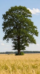 Obraz premium Single Tree in Golden Wheat Field.