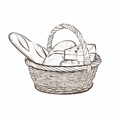 Fototapeta premium A hand-drawn sketch illustration of a rustic wicker basket filled with fresh bread, including a baguette and a loaf, and butter.