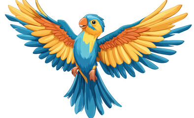 A vibrant cartoon parrot with blue and yellow plumage, wings spread wide, isolated on transparent background, showcasing its colorful feathers and playful expression