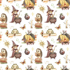 Seamless pattern, bunny in wizard dress, hedgehog with books, cute spider, bat on pumpkin, vintage cauldron, frog, esoteric elements. Hand drawn watercolor illustration. Kids fall design, Halloween.