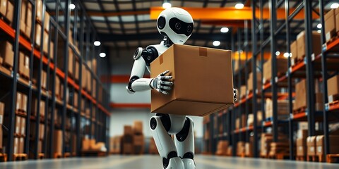 A futuristic robot carries a cardboard box through a warehouse with tall shelves of packages