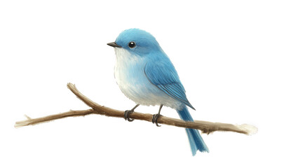A serene bluebird perched gracefully on a delicate branch, isolated on transparent background, showcasing its soft plumage and gentle demeanor in a tranquil nature scene