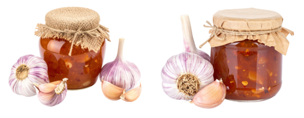 Savory Garlic Jam Jars With Bulbs and Cloves Isolated on a Transparent Background Culinary Delight with Brown and Purple Tones Perfect Food Photography
