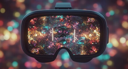 Virtual Reality Headset Displaying Abstract Colorful Graphics and Light Effects.