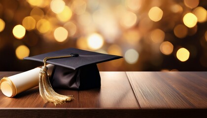 graduation cap and diploma on wooden table bokeh background