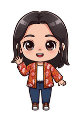 Cute Cartoon Girl Waving with Batik Pattern Jacket png clear alpha channel cutout isolated on transparent background