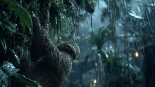 Sloth hanging from tree branch rainforest vegetation wildlife animal