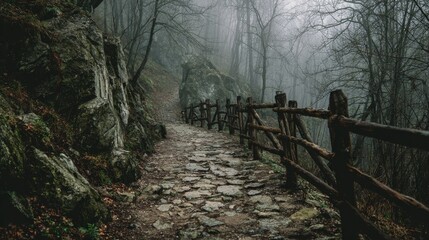 Eerie stone path with rustic wooden fence disappearing into misty shadowy forest. Mysterious atmosphere with haunting ambiance and supernatural vibe for horror concepts and fantasy scenes