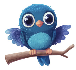 A cute blue bird with large, expressive eyes sitting on a branch, its fluffy feathers and endearing expression creating a charming and whimsical illustration isolated on transparent background