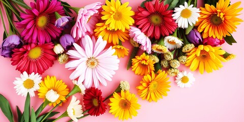 Vibrant gerbera daisies and tulips burst with color on a soft pink background