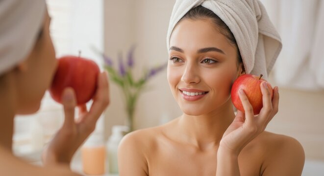 Tender Wellness: Woman Holds a Rosy Apple in a Dreamy Modern Bath