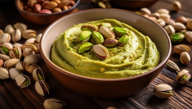 rich creamy pistachio paste with crunchy roasted pistachios and nuts on a rustic wooden table