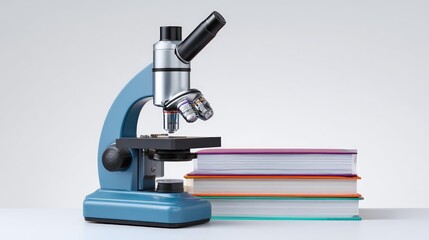 Detailed Model of a Microscope Resting Next to a Stack of Colorful Textbooks on a Plain Background, Perfect for Science and Education Themes