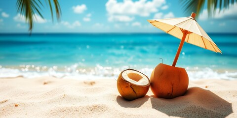 Two whole coconuts and a halved coconut with a straw and umbrella on a sandy beach with ocean waves