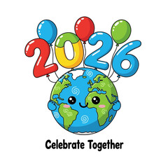 A cute cartoon Earth character floats with colorful balloons and the numbers 2026 accompanied by text stating Celebrate Together planet globe celebration