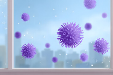 Illustration of viruses floating in the air, viewed through a window, depicting a health-related concept. The viruses are depicted in a spherical shape and vibrant color.