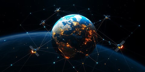 Orbiting satellites connect the illuminated Earth displaying a global network against the dark expanse of space