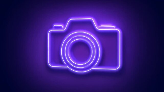 Glowing neon camera icon against dark backdrop for graphic designs
