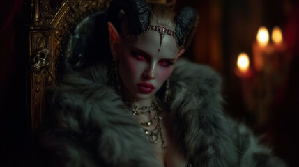 Vampire queen seated in a dark room with candles and gothic decor during Halloween night