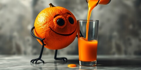 Anthropomorphic orange character watches as fresh orange juice is poured into a clear glass