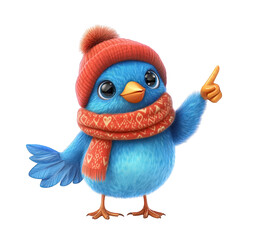 A cheerful blue bird wearing a red hat and scarf, pointing its wing upwards, its bright colors and playful pose creating a festive illustration isolated on transparent background