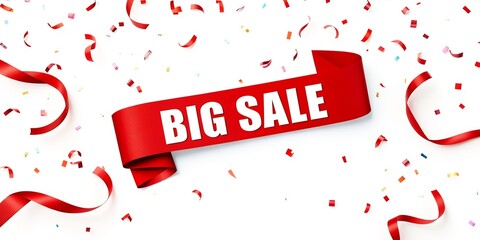 Red ribbon with white text BIG SALE against a background of falling red and colorful confetti