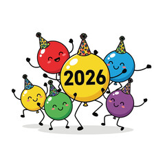A group of cartoon balloons in various colors wearing party hats some smiling one displays the year 2026 celebration happy colorful new year joy festive